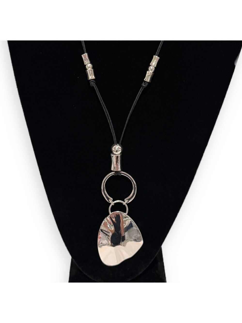 CHICO’S | Silver Abstract Pendant Necklace on Black Cord | NWT | Signed